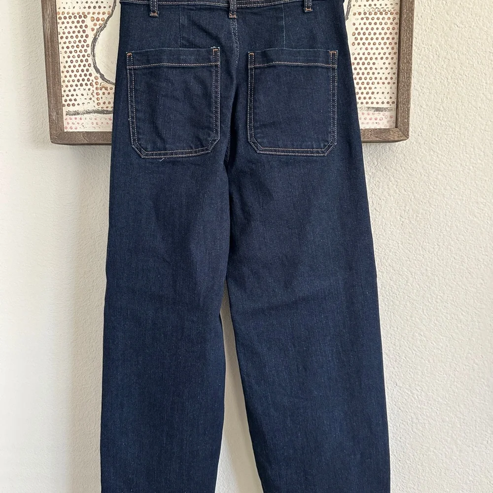 New ZARA Marine Straight Wide Leg High Waist Patch Pocket Dark Blue Jeans 4 - Picture 9 of 14
